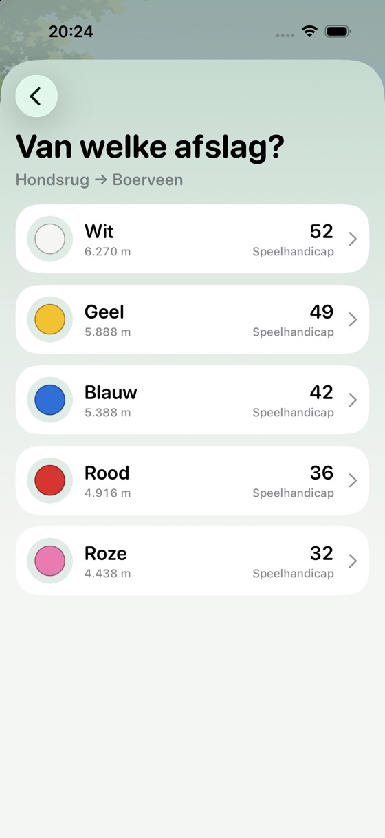 Scherm Van welke afslag? met vijf afslagen, hun lengte en de speelhandicap