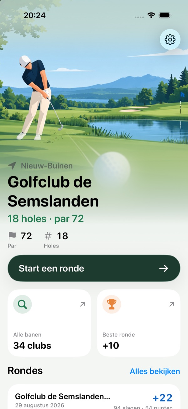 Beginscherm van Caddie2Go met Golfclub de Semslanden en de knop Start een ronde