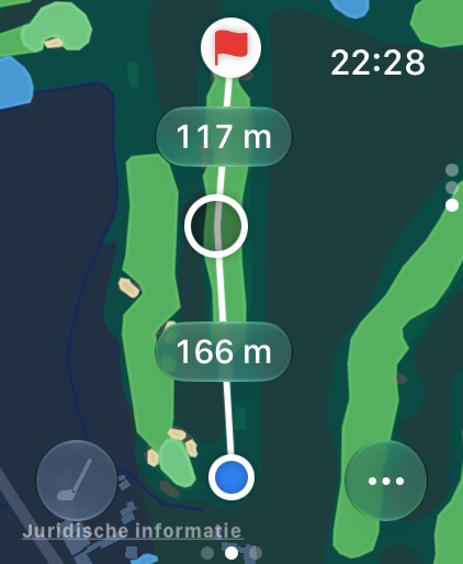 Kaart van hole 6 op de Watch met 166 meter naar het mikpunt en 117 meter van daar naar de vlag